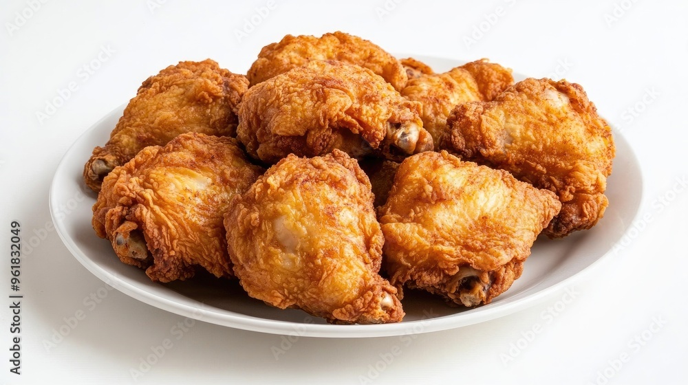 Plate of fried chicken thighs with a crispy exterior and juicy interior, against a pure white background for a classic food shot. Plate of fried chicken thighs with a crispy exterior and juicy interior, against a pure white background for a classic food shot.