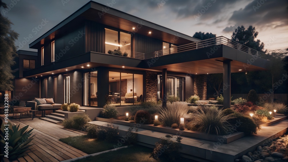 High-Tech Style Modern House with Beautiful Garden. Perfect for: Real Estate, Modern Architecture, Garden Shows High-Tech Style Modern House with Beautiful Garden. Perfect for: Real Estate, Modern Architecture, Garden Shows