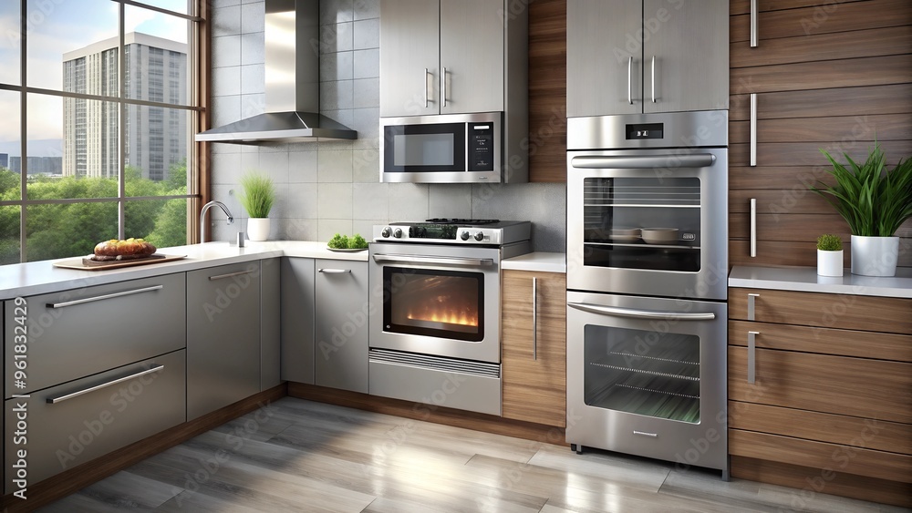 Fototapeta premium Stainless Steel Microwave Wall Oven in Modern Room. Perfect for: Modern Kitchens, Home Appliance Shows, Interior Design