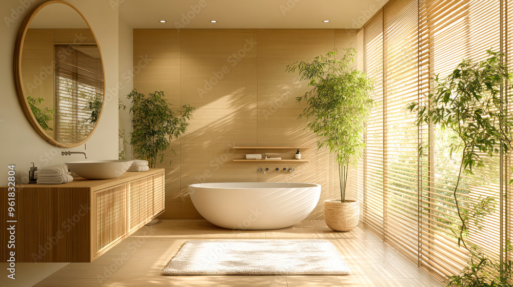 A bathroom with a large tub and a sink. Generative AI A bathroom with a large tub and a sink. Generative AI