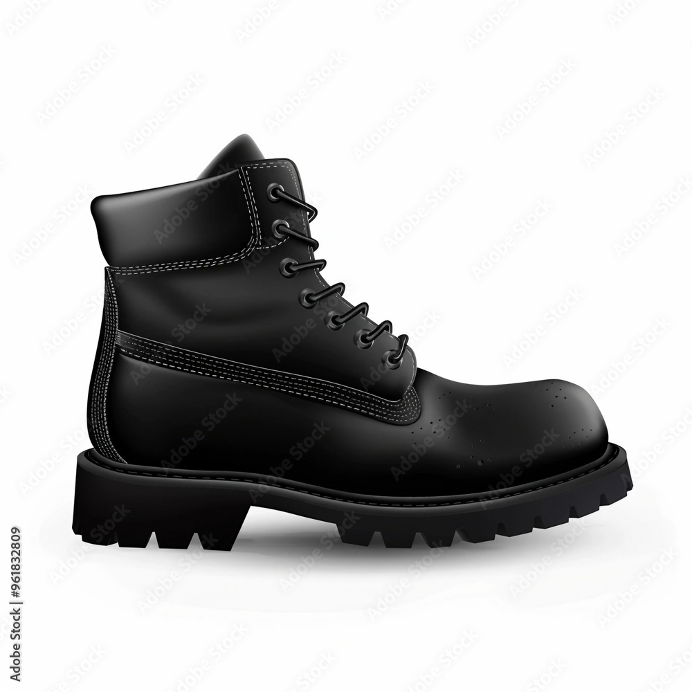 A classic black leather boot with a thick sole and lace-up front. The boot has a rugged, durable appearance, suitable for outdoor activities or casual wear A classic black leather boot with a thick sole and lace-up front. The boot has a rugged, durable appearance, suitable for outdoor activities or casual wear