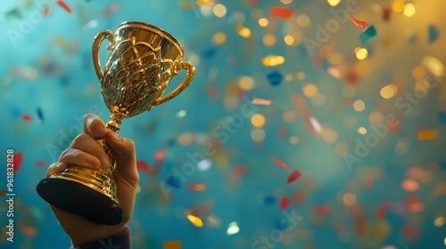 Hand Holding a Trophy: A victorious hand holding up a shiny gold trophy, with confetti falling in the background.
