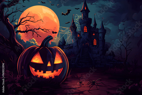 A spooky castle stands under a crimson moon. A grinning jack-o'-lantern and creepy crawlers add to the Halloween atmosphere photo