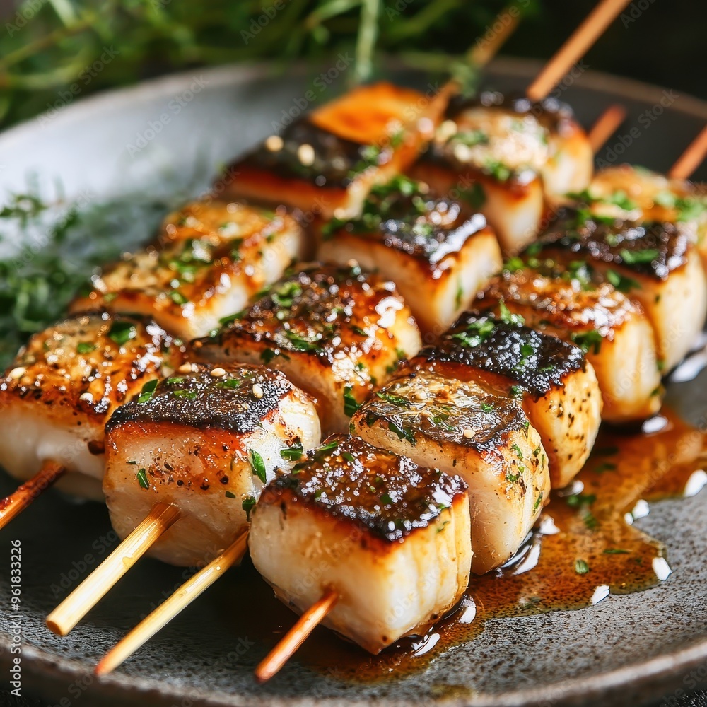 Grilled fish skewers with teriyaki sauce on a plate Grilled fish skewers with teriyaki sauce on a plate
