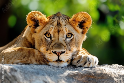 African animals, lions resting, golden eyes watch from the shadows, ever alert to danger and opportunity photo