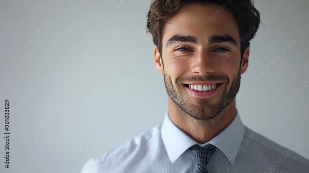 Professional man with a clean-shaven face, wearing a dress shirt and tie, smiling confidently at the camera against a minimalist office backdrop. Professional man with a clean-shaven face, wearing a dress shirt and tie, smiling confidently at the camera against a minimalist office backdrop.
