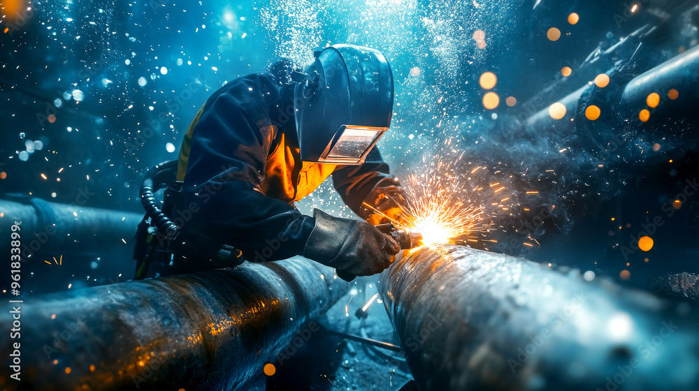 Underwater Welder Working on Submarine Structure Underwater Welder Working on Submarine Structure