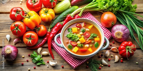 Vegetable soup with an assortment of colorful and fresh vegetables , healthy, homemade, nutritious, vegetarian, broth, bowl