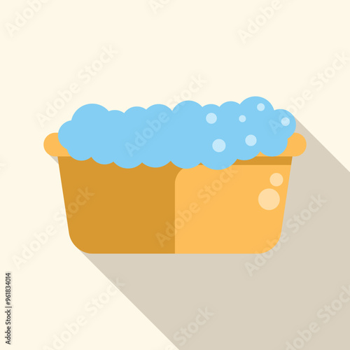 Yellow plastic basin filled with blue soapy water for laundry washing, flat vector illustration with long shadow