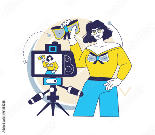 Content creation. Creative blogger. Woman making photo. Photography camera at tripod. Social media influencer recording video. Fashion blog. Vlog creator. Studio shoot. Live streaming. Vector concept