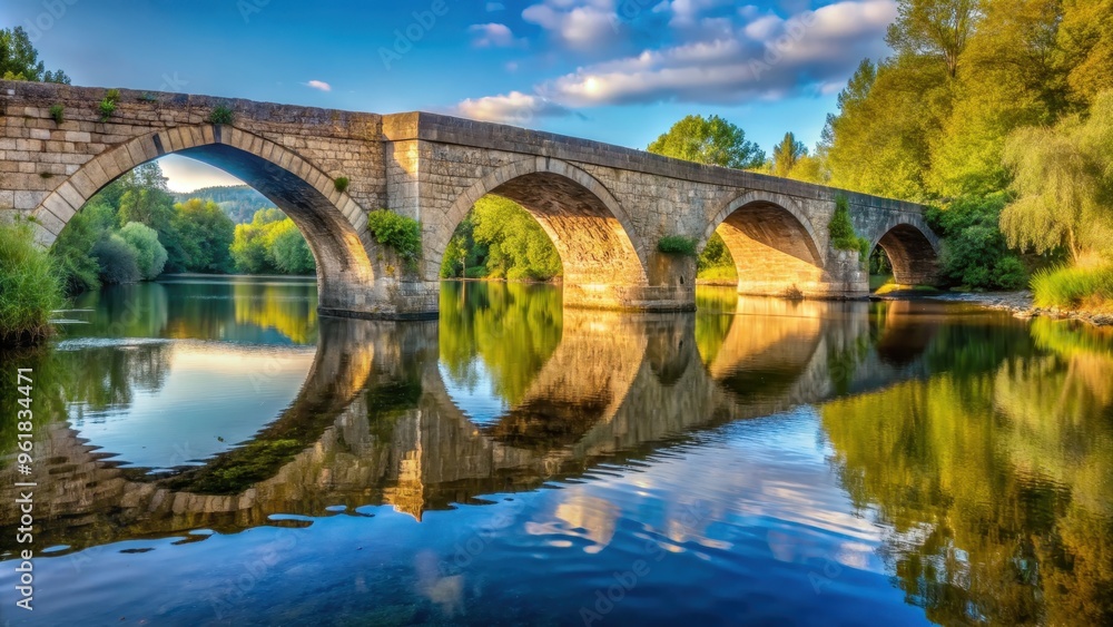 Fototapeta premium Old stone bridge crossing over calm river , historic, architecture, stone, structure, water, river, bridge, peaceful