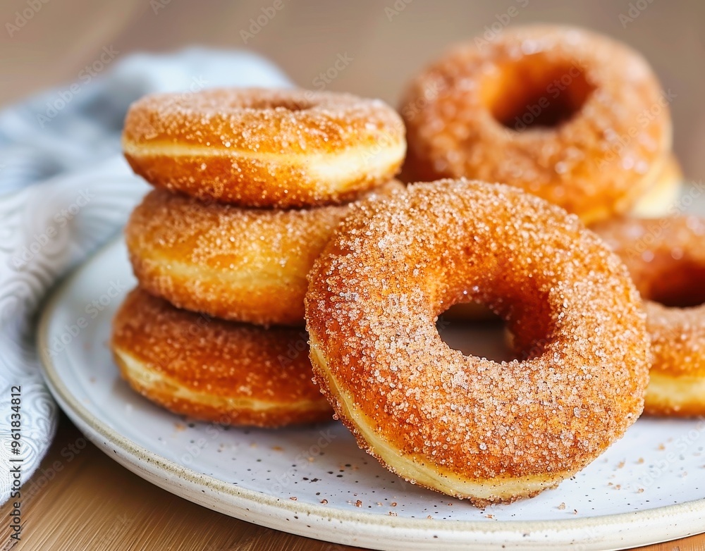 Delicious sugar donuts piled on plate Delicious sugar donuts piled on plate