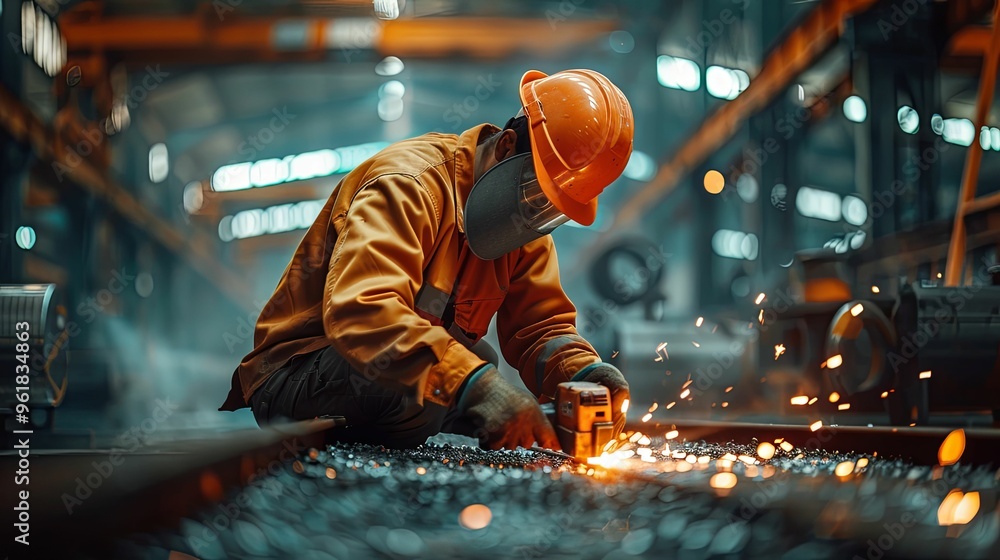 Industrial Worker Grinding Metal With Sparks Flying Industrial Worker Grinding Metal With Sparks Flying