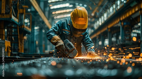 Industrial Worker Grinding Metal with Sparks Flying