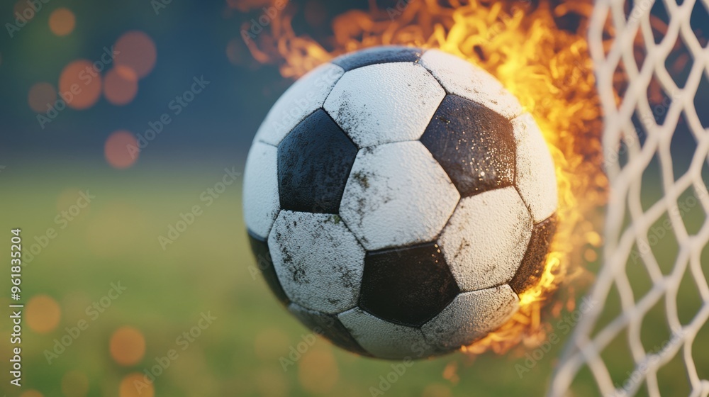 Fototapeta premium A soccer ball on fire in front of a goal net, AI
