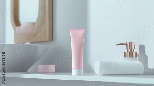 Wallpaper Mural Mock-up of toothpaste in a plain pink tube on a bathroom shelf, minimalist bathroom backgroun Torontodigital.ca