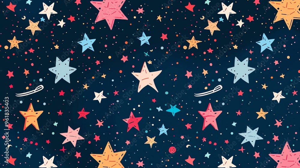 A seamless pattern of colorful stars on a blue background. A seamless pattern of colorful stars on a blue background.
