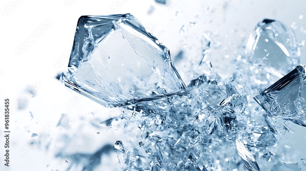 Shattered Glass Effect: Fragments of shattered glass frozen mid-air, creating a dynamic explosion effect against a white background. Shattered Glass Effect: Fragments of shattered glass frozen mid-air, creating a dynamic explosion effect against a white background.