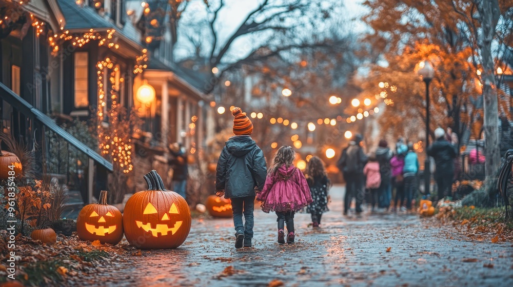 Fototapeta premium Little boy looking up in wonder during a halloween trick or treat night