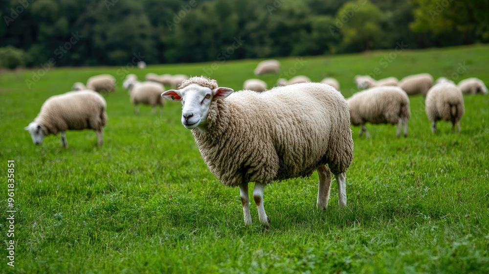 Sheep grazing in a lush green field, with a focus on their thick, woolly coats, emphasizing the natural habitat and wool quality. Sheep grazing in a lush green field, with a focus on their thick, woolly coats, emphasizing the natural habitat and wool quality.