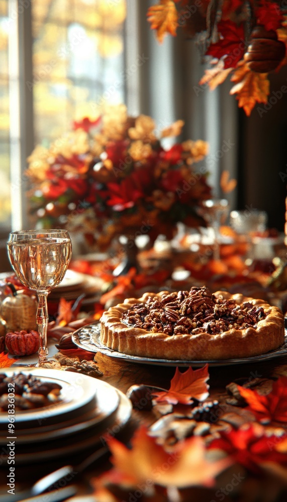 Festive fall table setting with autumnal decorations, featuring a delicious pecan pie centerpiece and colorful foliage. Festive fall table setting with autumnal decorations, featuring a delicious pecan pie centerpiece and colorful foliage.
