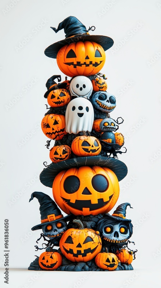 Halloween pumpkins and skeletons forming a pyramid on white background Halloween pumpkins and skeletons forming a pyramid on white background