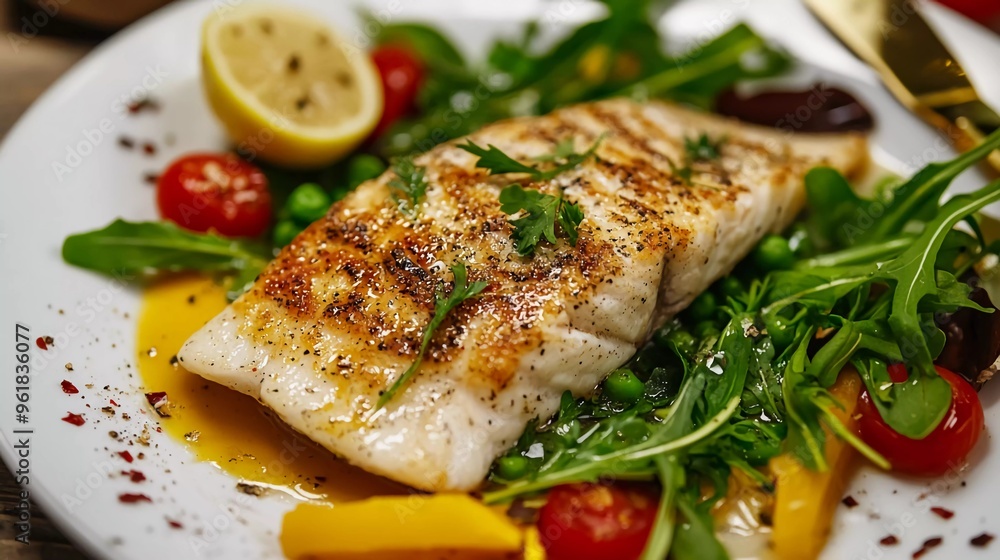 Delicious dish - tender fish meat, with greens, lemon and delicious vegetables Delicious dish - tender fish meat, with greens, lemon and delicious vegetables