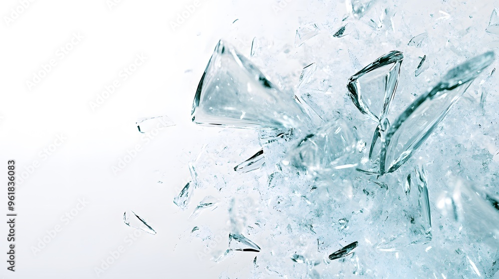 Shattered Glass Effect: Fragments of shattered glass frozen mid-air, creating a dynamic explosion effect against a white background. Shattered Glass Effect: Fragments of shattered glass frozen mid-air, creating a dynamic explosion effect against a white background.