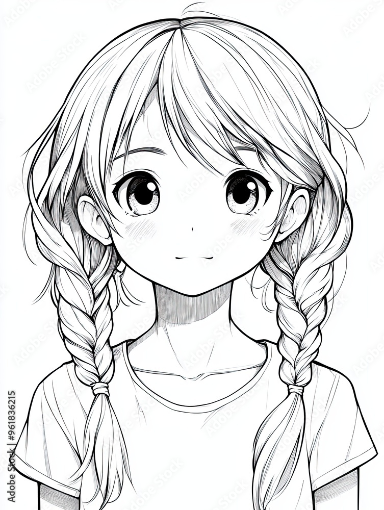 16. Black-and-white line art of an anime girl with twin tails and a ...