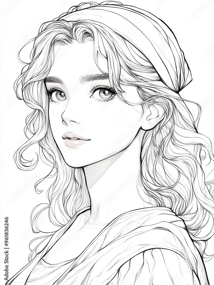11. A headshot of a beautiful woman in anime style, with curly hair adorned with a headband, and a warm smile, drawn in detailed black-and-white line art, set against a white background, ideal for a 11. A headshot of a beautiful woman in anime style, with curly hair adorned with a headband, and a warm smile, drawn in detailed black-and-white line art, set against a white background, ideal for a