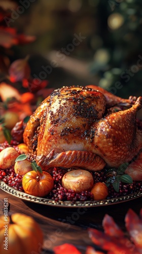 Festive roasted turkey on a platter garnished with mini pumpkins and autumn vegetables for a Thanksgiving feast. photo