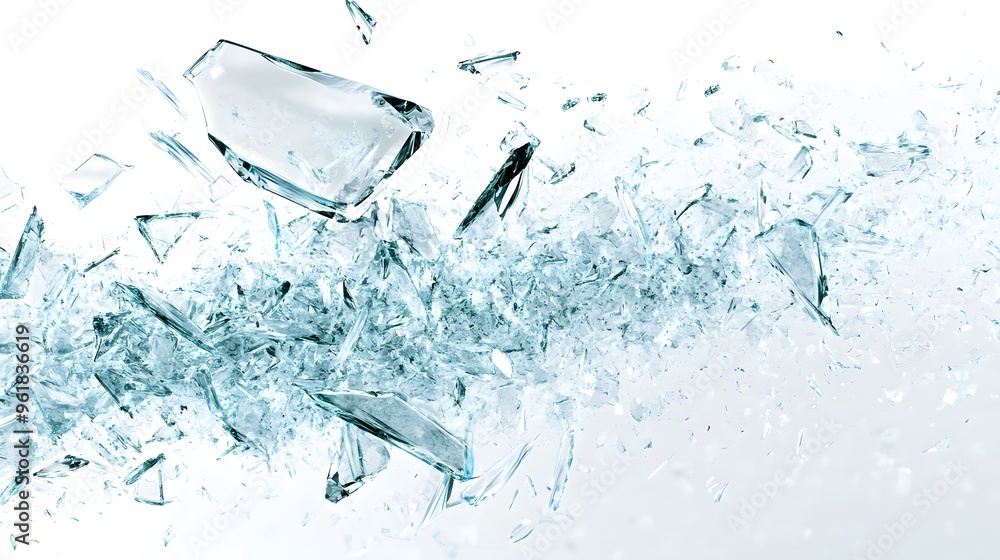 Shattered Glass Effect: Fragments of shattered glass frozen mid-air, creating a dynamic explosion effect against a white background. Shattered Glass Effect: Fragments of shattered glass frozen mid-air, creating a dynamic explosion effect against a white background.