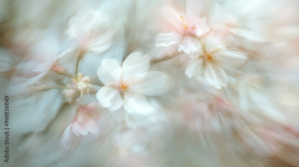 Soft-focus image of cherry blossoms with a gentle breeze, capturing the movement and delicate nature of the flowers against a blurred background. Soft-focus image of cherry blossoms with a gentle breeze, capturing the movement and delicate nature of the flowers against a blurred background.