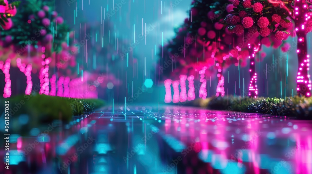Obraz premium An artistic interpretation of a digital landscape invaded by ransomware, with glitch effects and distorted binary code illustrating the chaotic aftermath of a cyber attack.