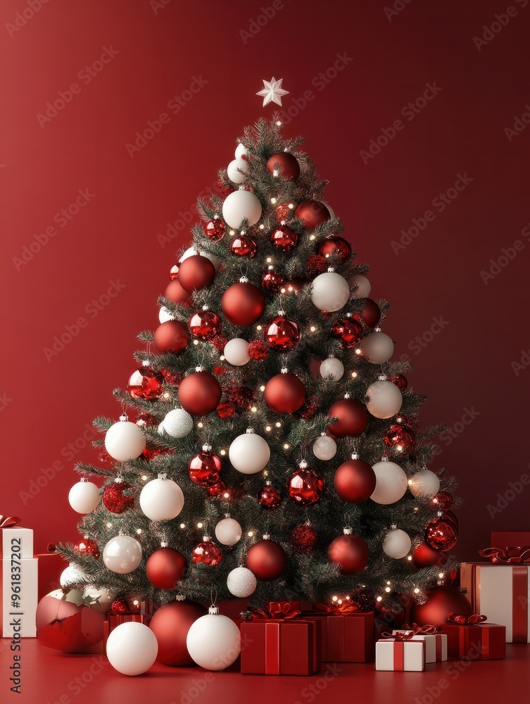 red Christmas tree with red and white balls, xmas background concept with advertising space for text red Christmas tree with red and white balls, xmas background concept with advertising space for text