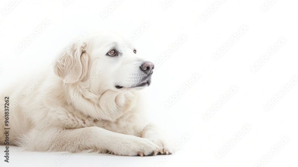 A serene white dog resting on a light background, showcasing calmness and tranquility. A serene white dog resting on a light background, showcasing calmness and tranquility.