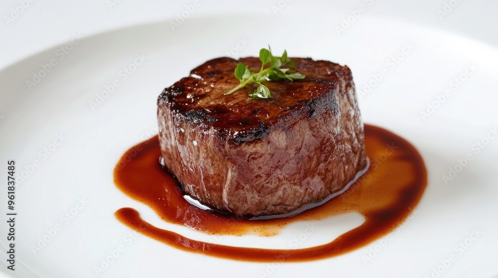 Steak with a rich, glossy sauce drizzled on top, showcased on a white plate with a plain white background to highlight the dish's presentation. Steak with a rich, glossy sauce drizzled on top, showcased on a white plate with a plain white background to highlight the dish's presentation.