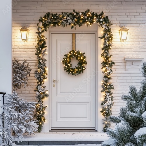 White front door decorated with christmas lights and garland at night