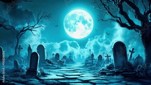 Scary cemetery graveyard on halloween night with tombstones and a big moon