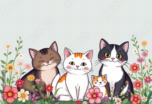 there are three cats sitting in a field of flowers.