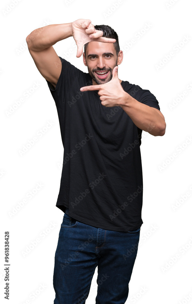 Young handsome man over isolated background smiling making frame with hands and fingers with happy face. Creativity and photography concept. Young handsome man over isolated background smiling making frame with hands and fingers with happy face. Creativity and photography concept.