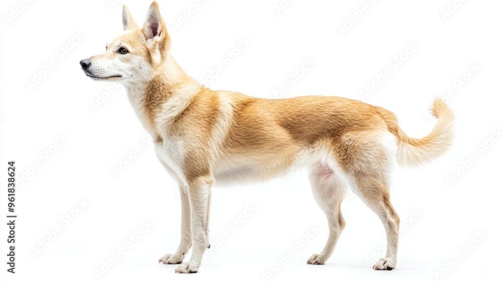 A side view of a light-colored dog with pointed ears standing on a white background. A side view of a light-colored dog with pointed ears standing on a white background.