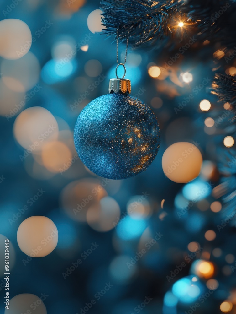 Fototapeta premium Weihnachtskugeln und verschwommene, glÃ¤nzende Lichter, blaues Bokeh