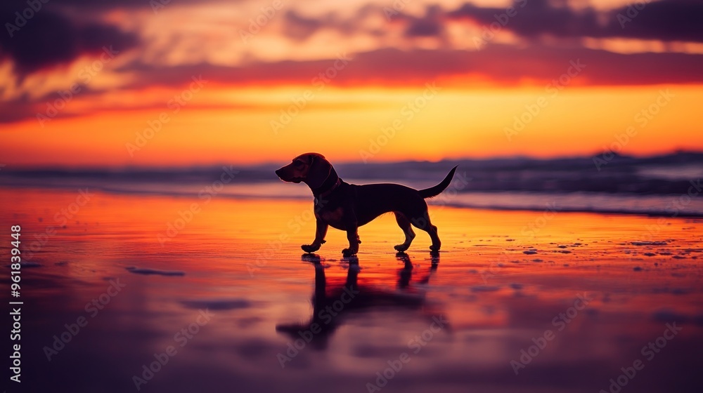 A silhouette of a dog against a vibrant sunset on the beach, reflecting on the wet sand. A silhouette of a dog against a vibrant sunset on the beach, reflecting on the wet sand.