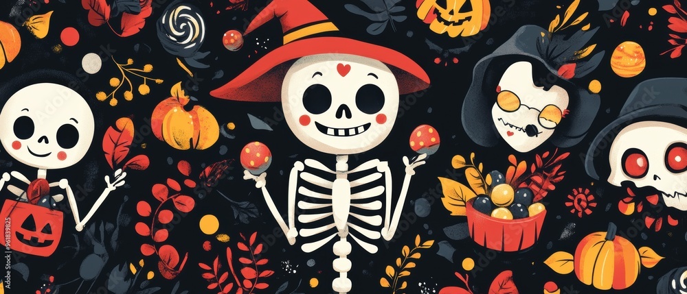 Happy Halloween Seamless Pattern with Cheerful Skeletons, Friendly Witches, and Festive Candies Happy Halloween Seamless Pattern with Cheerful Skeletons, Friendly Witches, and Festive Candies