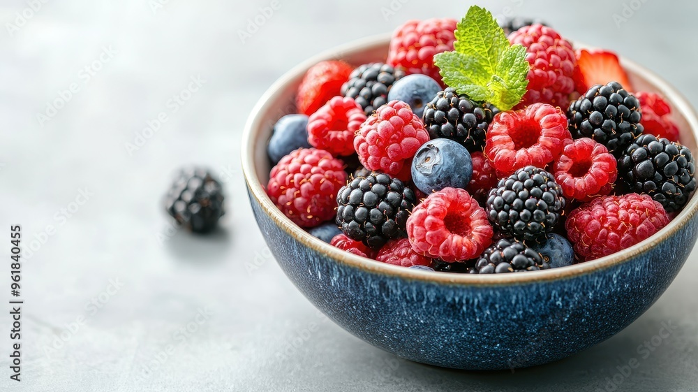 A vibrant bowl of fresh mixed berries, including raspberries, blueberries, and blackberries, garnished with a mint leaf. A vibrant bowl of fresh mixed berries, including raspberries, blueberries, and blackberries, garnished with a mint leaf.