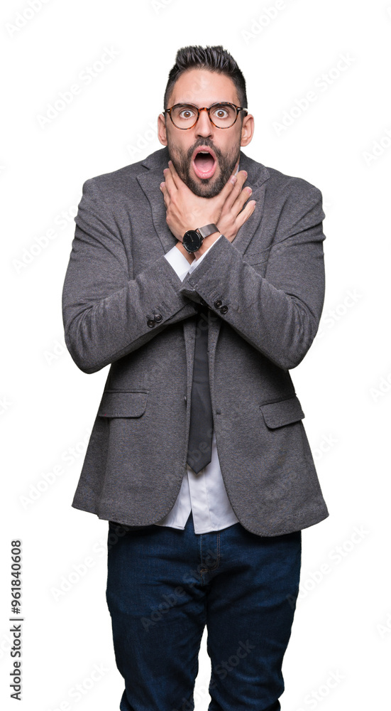 Young handsome business man over isolated background shouting and suffocate because painful strangle. Health problem. Asphyxiate and suicide concept. Young handsome business man over isolated background shouting and suffocate because painful strangle. Health problem. Asphyxiate and suicide concept.