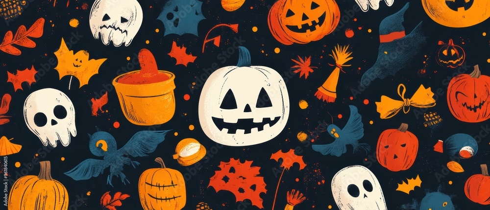Halloween Seamless Pattern with Cute Monsters, Joyful Pumpkins, and Colorful Trick-or-Treat Goodies Halloween Seamless Pattern with Cute Monsters, Joyful Pumpkins, and Colorful Trick-or-Treat Goodies