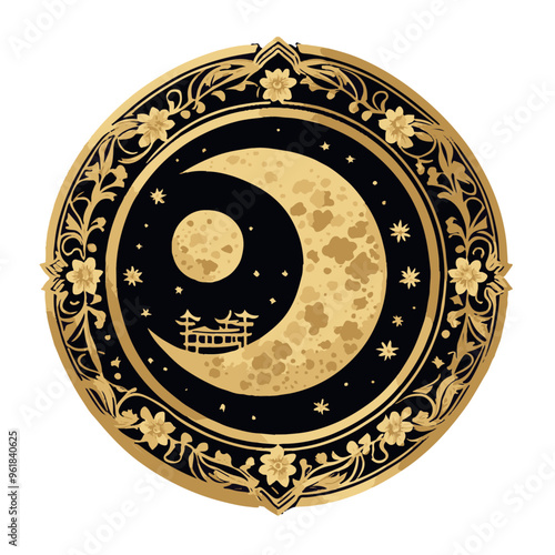 A beautifully designed emblem featuring gold celestial elements, floral patterns, and intricate detailing