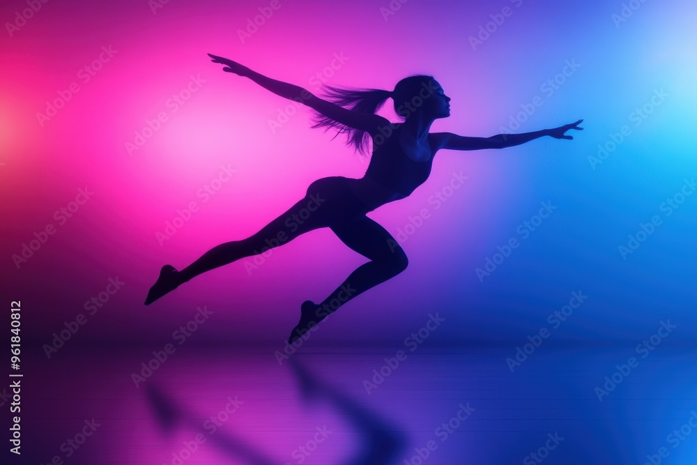 Dance Banner. Caucasian Woman Jumping with Energetic Dance Moves on Neon Background Dance Banner. Caucasian Woman Jumping with Energetic Dance Moves on Neon Background